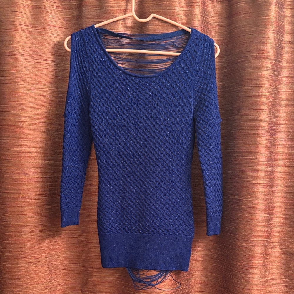 Bebe Royal Blue Glittery cold-shoulder Textured Sweater w/sexy back
